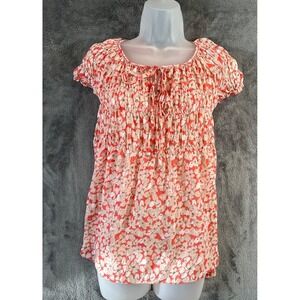 Max Studio Blouse Top Womens Large Peach Floral Milkmaid Gathered Neckline